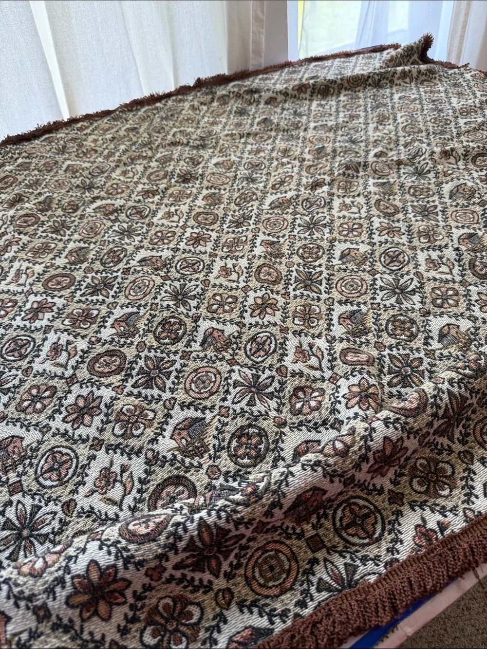 Vintage Folk Art Jacquard Woven Throw Lap Blanket Barn Floral Fringe 50x40